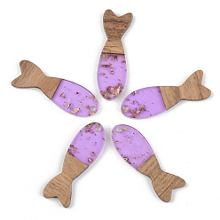 Лиловый Подвески из прозрачной смолы и ореха, золотой фольгой, рыба, сирень, 37.5x12x3 мм, отверстие : 2 мм