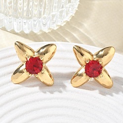 Red 304 Stainless Steel Pave Cubic Zirconia Stud Earrings, Flower, PVD Vacuum Plating, Golden, Red, 29.5x29.5mm