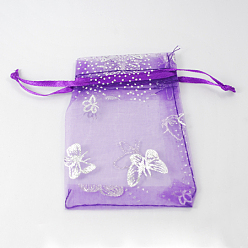 Mixed Color Rectangle with Butterfly Organza Gift Bags, Jewelry Packing Drawable Pouches, with Vacuum Packing, Mixed Color, 7x9cm