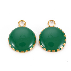 Green 304 Stainless Steel Enamel Charms, Ion Plating(IP), Golden, Flat Round, Green, 13.5x10.5x3mm, Hole: 1.6mm
