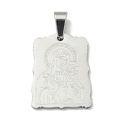 Нержавеющая Сталь Цвет Религиозная тема 304 подвески из нержавеющей стали, прямоугольник с амулетом Девы Марии, с 201 защелкой из нержавеющей стали на поручнях, цвет нержавеющей стали, 23x17x1.5 мм, отверстие : 6x3.5 мм
