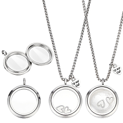 Stainless Steel Color 2Pcs Alloy Glass Flat Round Pet Fur Keepsake Locket Pendant 304 Stainless Steel Box Chain Necklaces, with My Cat Heart Charms, Stainless Steel Color, 23.78 inch(60.4cm)