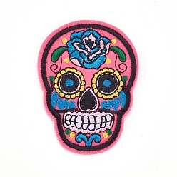 Hot Pink Computerized Embroidery Cloth Iron On Patches, Costume Accessories, Appliques, Sugar Skull, For Mexico Holiday Day of the Dead, Hot Pink, 72.2x53x1.9mm