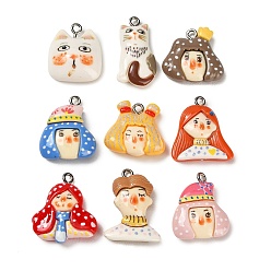 (52) Непрозрачная лаванда Непрозрачные подвески смолы, Очаровательные мультяшные человек и кот, с железной платиной петлей, разноцветные, 20.5~26.5x14~21.5x6~7 мм, отверстие : 2 мм