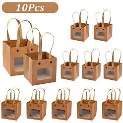 Tan 10Pcs 2 Styles Kraft Paper Bags, with Nylon Handles and Transparent Windows, for Gift Bags and Shopping Bags, Square, Tan, Unfold: 10~12x10.1~12x12~21cm, 5pcs/style