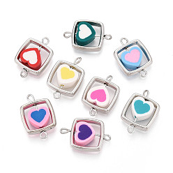Платина Подвески-соединители из полимерной глины в форме сердца и квадратной рамки CCB, с латунными двойными петлями, разноцветные, платина, 20~21.5x14.5x4~5.5 мм, отверстие : 1~2 мм
