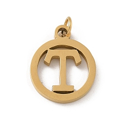 Letter T 304 подвески из нержавеющей стали с соединительным кольцом, золотые, кольцо с буквой-шармом, Письмо T, 14.5x12x1.5 мм, отверстие : 3 мм