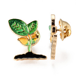 Lime Green Alloy Enamel Brooches, Enamel Pin, with Brass Butterfly Clutches, Sprout, Light Gold, Cadmium Free & Nickel Free & Lead Free, Lime Green, 22x19x2mm Pin: 1mm
