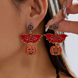 Bat Halloween Alloy Enamel & Rhinestone Stud Dangle Earrings, Golden, Bat, 48x40mm