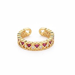 Средний Фиолетово-красный Кольцо-манжета в форме сердца из кубического циркония, открытое кольцо из настоящей позолоченной латуни 18k для женщин, без никеля , средне фиолетовый красный, размер США 6 (16.5 мм)