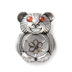 Antique Silver 925 Sterling Silver Peg Bail Pendants, with Cubic Zirconia, Bear, for Half Drilled Beads, Bear, Antique Silver, 28x21.5x10mm, Hole: 10.5x6mm, Pin: 1mm