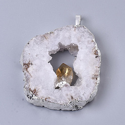 Citrine Natural Druzy Agate Big Pendants, Edge Platinum Plated, with Natural Citrine and Iron Snap on Bails, Nuggets, 37~71x29~55x9~15mm, Hole: 4x6mm