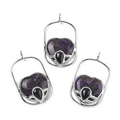 Аметист Крупные подвески из натурального аметиста и обсидиана., Подвески в форме сердца с латунной рамкой, платина, 60.5~61.5x34~35x11~13 мм, отверстие : 6.5 мм