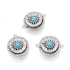 Платина Латунные застежки с прозрачными фианитами и магнитными застежками, плоско-круглые, с петлями и синтетическим бирюзовым цветом, платина, 18.5x14.5x7~7.5 мм, отверстие : 1.2 мм