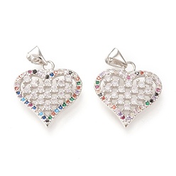 Платина Латунные микропаве прозрачные подвески с фианитом, долговечный, сердце, красочный, платина, 23x18x3 мм, отверстие : 5x4 мм