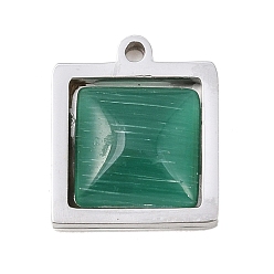 Зеленый 303 Подвески «кошачий глаз» из нержавеющей стали с инкрустацией, квадратный шарм, зелёные, 15.5x13.5x4 мм, отверстие : 1.4 мм