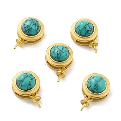 Dark Cyan 925 Sterling Silver Peg Bails, Flat Round with Synthetic Turquoise and Peg Bails, Real 18K Gold Plated, Dark Cyan, 9x6mm, Pin: 0.6mm