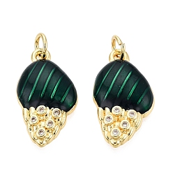 Темно-Зеленый Латунные микропаве прозрачные подвески с фианитом, подвески в форме ракушек, с эмалью, золотые, темно-зеленый, 20.5x11~11.5x4 мм, отверстие : 3 мм, Перейти кольцо: 5x0.8 мм, внутренний диаметр: 3 мм