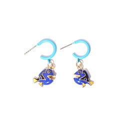 Royal Blue Zinc Alloy Enamel Stud Dangle Earrings, Fish, Half Hoop Earrings, Royal Blue, 36x15mm