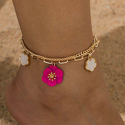 Золотой Двухслойные браслеты на ногу из акрилового сплава с цветочным мотивом глубокого розового цвета для женщин, золотые, 7-7/8 дюйм (200 мм)