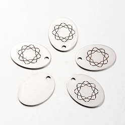 Stainless Steel Color Non-Tarnish Spray Painted 201 Stainless Steel Pendants, Oval with Flower Pattern, Stainless Steel Color, 30x22x1mm, Hole: 3mm