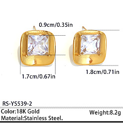 Square 304 Stainless Steel Pave Clear Cubic Zirconia Stud Earrings for Women, Golden, Square, 18x17x18mm