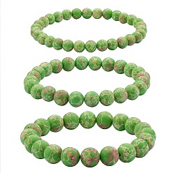Lime Green 3Pcs 3 Size Synthetic Imperial Jasper Round Beaded Stretch Bracelets Set, Gemstone Jewelry for Women, Lime Green, Inner Diameter: 2-1/8 inch(5.5cm), Beads: 6~10mm, 1Pc/size