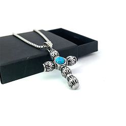 Нержавеющая Сталь Цвет Ожерелья с крестом из нержавеющей стали с синтетической бирюзой для мужчин, цвет нержавеющей стали