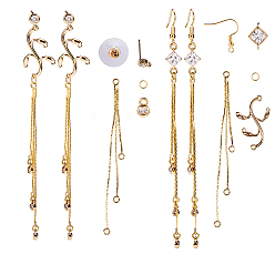Golden DIY Earring Making, with Brass Rhinestone Links, Brass Cubic Zirconia Charms, Brass Earring Hooks and 304 Stainless Steel Jump Rings, Golden, 12x10cm, about 54pcs/set