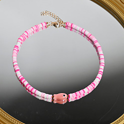Perlas de Color Rosa Collares de cuentas heishi de arcilla polimérica con forma de pez de porcelana hechos a mano de estilo bohemio para mujer., con cadenas finales de aleación, dorado, rosa perla, 13.78 pulgada (35 cm)
