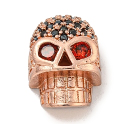 Rose Gold Brass Micro Pave Red Cubic Zirconia Beads, Skull, Rose Gold, 12x9.5x7mm, Hole: 2.6mm