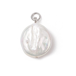 Платина Натуральные кеши жемчужные подвески, плоские круглые прелести, с латунными кольцами для прыжков, белые, платина, 21~22x16~16.5x5.5~6 мм, отверстие : 3.4 мм