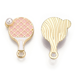 Pink Подвески из сплава , с эмалью и бусиной из абс-пластика имитация жемчуга, без кадмия и без свинца, золотой свет, ракетка, розовые, 20x13x4 мм, отверстие : 2 мм
