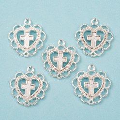 Silver Zinc Alloy Open Back Bezel Pendants, For DIY UV Resin, Epoxy Resin, Pressed Flower Jewelry, Heart with Cross, Silver Color Plated, 21x20x2mm, 100pcs/bag