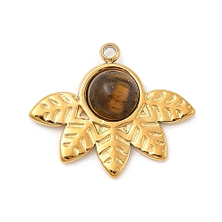 Тигровый глаз Природных тигровый глаз подвески, с 304 фурнитурой из нержавеющей стали, ионное покрытие (ip), лист прелести, 16x19.5x4.5 мм, отверстие : 1.4 мм