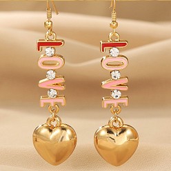 Золотистый Серьги-подвески из сплава и эмали, с использованием смолы и ЦКБ, сердце со словом "love", золотые, 70x18 мм