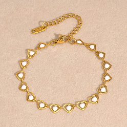 White Stainless Steel Link Chain Braclets, Enamel Style, Heart, White, 6-3/4~8-1/2 inch(17~21.5cm)