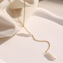 Настоящее золото 18K Длинные ожерелья-палочки из натурального жемчуга Кеши для женщин из нержавеющей стали, белые, реальный 18 k позолоченный, 16.54 дюйм (42 см)