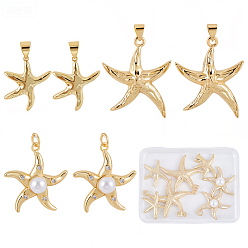 Настоящее золото 18K 9 шт 3 стили латунные подвески, прелести морская звезда, без кадмия и без свинца, прочное покрытие, реальный 18 k позолоченный, 20.8~27.5x18~24.5x2.5~7.5, отверстие : 3.5 мм, 3 шт / стиль