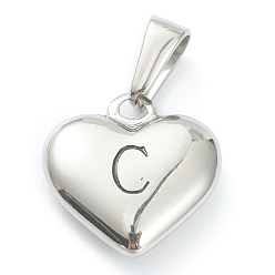 Letter C 304 Stainless Steel Pendants, Heart with Black Letter, Stainless Steel Color, Letter.C, 16x16x4.5mm, Hole: 7x3mm