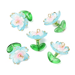 Голубой Прозрачные акриловые подвески, со стеклянными бисеринами, цветок, золотой металл обвитыми, голубой, 20.5x18x18.5 мм, отверстие : 1.8 мм
