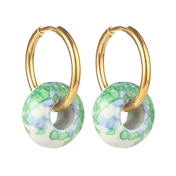 Зеленый лайм Серьги-кольца Rondelle из натурального океана с белым нефритом, 304 женские украшения из нержавеющей стали, зеленый лайм, 27 мм, штифты : 1 мм