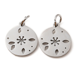 Flower Non-Tarnish 304 Stainless Steel Charms, Laser Cut, with Jump Ring, Stainless Steel Color, Hollow, Flat Round Charm, Flower, 13.5x12x1mm, Hole: 3.6mm