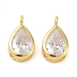 Chapado en Oro Real 18K Latón pavimentar colgantes de circonita cúbica transparente, encantos de lágrima, encantos de una sola piedra, chapado en rack, larga duración plateado, sin plomo y el cadmio, real 18 k chapado en oro, 18.5x10x5 mm, agujero: 3 mm