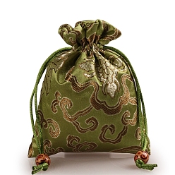 Yellow Green Rectangle Cloth Flower Printed Drawstring Gift Bags, Storage Bags, Yellow Green, 14x11cm