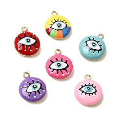 Mixed Color Rack Plating Brass Pendants, with Enamel, Lead Free & Cadmium Free, Real 18K Gold Plated, Flat Round with Evil Eye Charm, Mixed Color, 19x15x8mm, Hole: 1.8mm