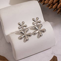 Платина Двойной цветок 304 серьги-гвоздики из нержавеющей стали, платина, 27x17 мм
