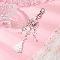 Белый Подвеска из натурального и окрашенного малайзийского нефрита и сплава, поворотные застежки и подвески-кисточки из поликоттона для украшений сумок, плоский круг/паутина со звездой и солнцем, белые, 135 мм