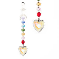 Platinum Electroplate Glass Heart Window Hanging Suncatchers, Brass Sun & Moon and Glass Octagon Beads Pendants Decorations Ornaments, Platinum, 22cm