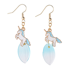 Light Sky Blue Unicorn Alloy Enamel Dangle Earrings, with Glass Pendant and Brass Earring Hooks, Golden, Light Sky Blue, 60mm, Pin: 0.7mm
